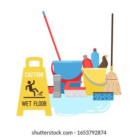 Cleaning, equipment for cleaning and mopping. Puddle and sign wet floor. Mop, bucket and sponge vector elements