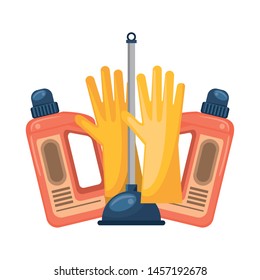 Cleaning equipment and products gloves and soap bottles with toilet pump vector illustration graphic design.