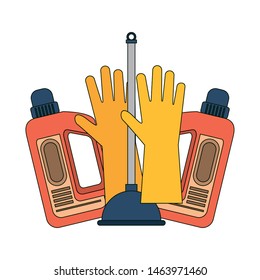 Cleaning equipment and products gloves and soap bottles with toilet pump vector illustration graphic design.