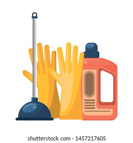 Cleaning equipment and products gloves and toilet pump with soap bottle vector illustration graphic design.