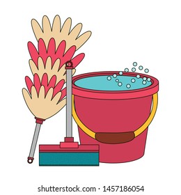 Cleaning equipment and products mop with cobweb brush and water bucket vector illustration graphic design.