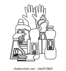 Cleaning equipment and products set of soaps and disifectnats with gloves and sponges vector illustration graphic design.