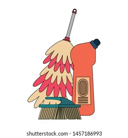 Cleaning equipment and products soap bottle with brush and cobweb brush vector illustration graphic design.