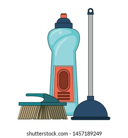 Cleaning equipment and products soap bottle with toilet pump and brush vector illustration graphic design.