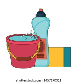 Cleaning equipment and products soap bottle and sponge with water bucket vector illustration graphic design.