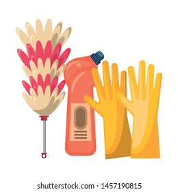 Cleaning equipment and products soap bottle and gloves with cobweb brush vector illustration graphic design.