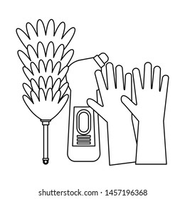 Cleaning equipment and products soap bottle and gloves with cobweb brush vector illustration graphic design.