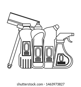Cleaning equipment and products soaps and disifectants with mop vector illustration graphic design.