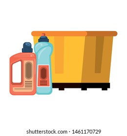Cleaning equipment and products trash can and soap bottles vector illustration graphic design.