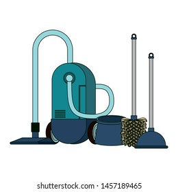 Cleaning equipment and products vacuum cleaner with toilet brush and pump vector illustration graphic design.