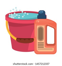 Cleaning equipment and products water in bucket and soap bottle vector illustration graphic design.