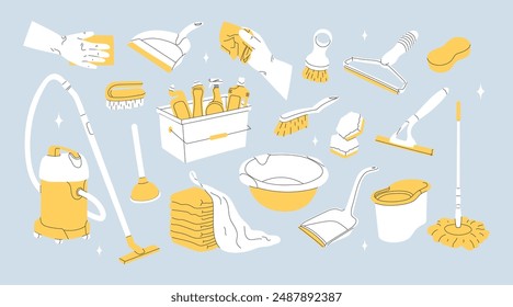Cleaning equipment set. Household chemical detergent in bottles, household tools, vacuum cleaner, equipment. Brush, mop and gloves, accessories for housework. Flat graphic vector illustration 