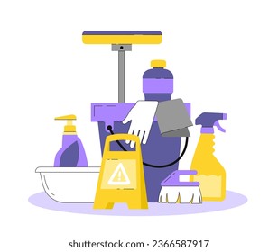 Cleaning equipment set. Mop with bucket, brush and detergent. Cleanliness and purity. Household chores and routine. Cartoon flat vector collection isolated on white background