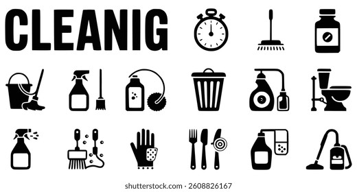 Cleaning Equipment And Supplies Icons Set Vector Illustration For Housekeeping Concept
