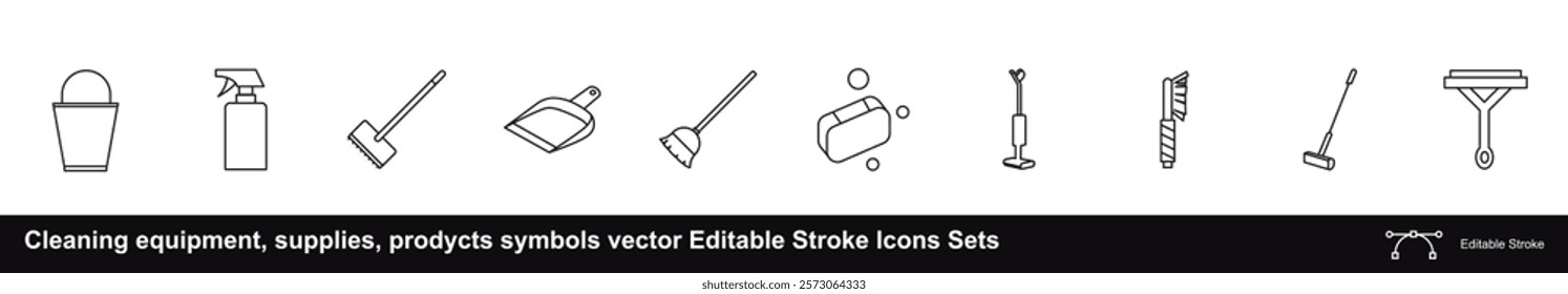 Cleaning equipment, supplies, products symbols vector Editable Stroke Icons Sets