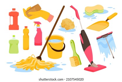 Cleaning equipment and tools to clean household set vector illustration. Cartoon chemical antiseptic detergent bottles with spray and sponge, rubber gloves for hand, plastic bucket isolated on white
