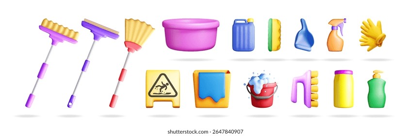 Cleaning equipment and tools for household chores and hygiene. 3d realistic vector illustration set for house care.