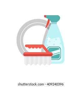 Cleaning equipment vector icon. Detergents on white background. Tool for cleaning vector sign.