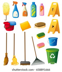 Equipos de limpieza en ilustración de fondo blanco