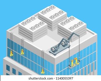 Cleaning Facade Building Concept 3d Isometric View Professional Worker Washed Skyscraper Window. Vector illustration of Service Highrise Cleanliness