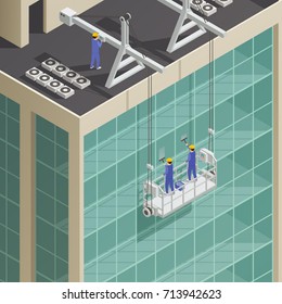 Cleaning of facade building isometric composition with workers washing windows from outside on hanging platform vector illustration