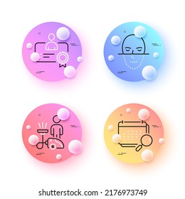 Limpieza, reconocimiento facial e iconos mínimos de línea de Calendario. botones de esferas o bolas 3d. Iconos de certificado. Para web, aplicación, impresión. Servicio limpio, Enfrentamientos biométricos, cita de búsqueda. Vector