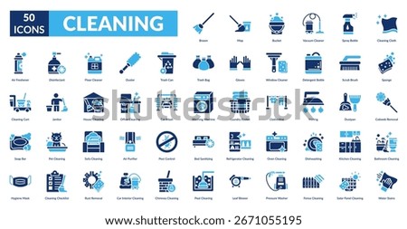 cleaning fill icon set. Broom, Mop, Bucket, Vacuum Cleaner, Spray Bottle, Cleaning Cloth, Sponge