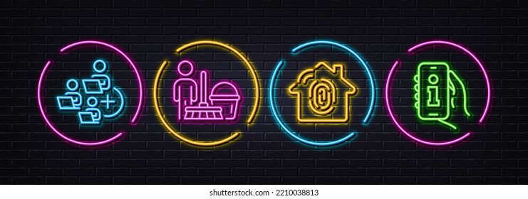 Cleaning, Fingerprint access and Add team minimal line icons. Neon laser 3d lights. Info app icons. For web, application, printing. Clean service, Biometric scan, Networking. Vector
