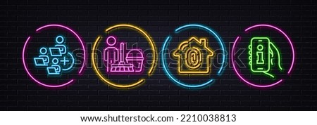 Cleaning, Fingerprint access and Add team minimal line icons. Neon laser 3d lights. Info app icons. For web, application, printing. Clean service, Biometric scan, Networking. Vector