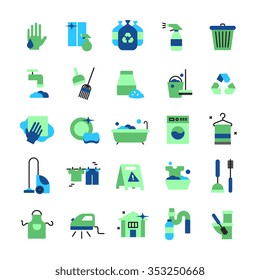 Cleaning flat color icons set of household items with vacuum cleaner iron bucket rubber gloves mop brush and broom isolated vector illustration