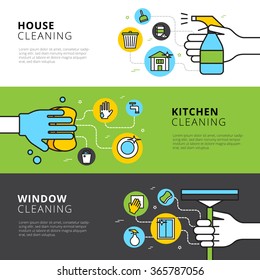 Cleaning flat horizontal banners with hands detergents and tools for house kitchen and window cleaning vector illustration