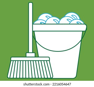 cleaning flat icon. broom sweeps dust, mop or swab, feather duster, plastic bucket and bubbles. Cleaning services. Objects isolated white background. vector.