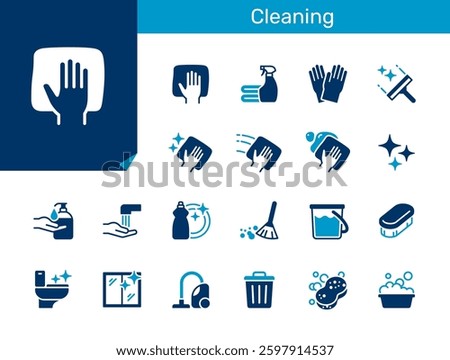 Cleaning flat icon collection for hygiene, washing, housekeeping and sanitation concept