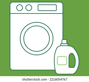 icono plano de limpieza. Lavadora con gel para lavar aislada al fondo. vector