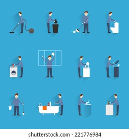 Cleaning flat icons set with  household working people figures isolated vector illustration