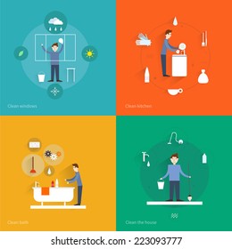 Cleaning flat icons set with windows kitchen bath house isolated vector illustration