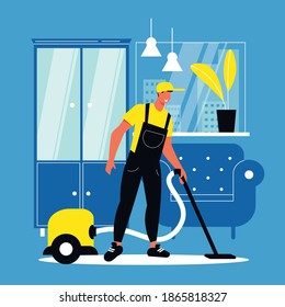 Cleaning flat poster with male employee of cleaning company in uniform working with vacuum cleaner in living room vector  illustration