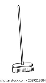 Cleaning floor brush with bristles and long handle isolated on white background. Vector hand-drawn illustration in doodle style. Suitable for your projects, decorations, logo, various designs.