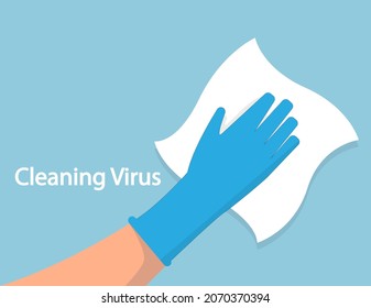 Cleaning floor surface home or office. Napkin in hands. Protective rubber gloves. Hygiene home. Vector flat design.