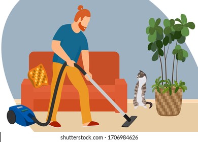 Cleaning the floors in the house with a vacuum cleaner. A man is doing homework. The cat is afraid of a vacuum cleaner. Gender equality. Vector in a flat style. Indoor plant with large leaves.