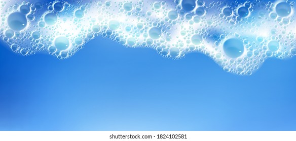 Cleaning foam with bubbles, white froth frame horizontal border, foamy texture, liquid soap or shampoo lather. Sea wave, laundry detergent spume isolated on blue background realistic 3d vector pattern