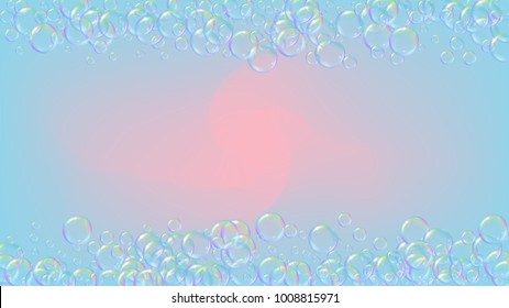 Cleaning foam on gradient background. Realistic water bubbles 3d. Cool rainbow colored liquid foam with shampoo bubbles. Cosmetic flyer and invite. Cleaning soap foam for bath and shower.