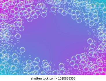 Cleaning foam on gradient background. Realistic water bubbles 3d. Cool rainbow colored liquid foam with shampoo bubbles. Horizontal cosmetic flyer and invite. Cleaning soap foam for bath and shower.