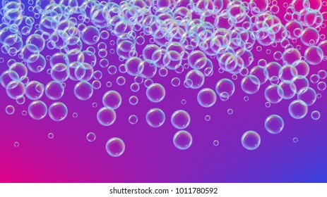 Cleaning foam on gradient background. Realistic water bubbles 3d. Cool rainbow colored liquid foam with shampoo bubbles. Cosmetic flyer and invite. Cleaning soap foam for bath and shower.