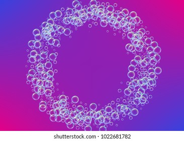 Cleaning foam on gradient background. Realistic water bubbles 3d. Cool rainbow colored liquid foam with shampoo bubbles. Horizontal cosmetic flyer and invite. Cleaning soap foam for bath and shower.