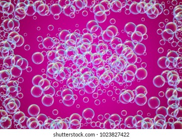 Cleaning foam on gradient background. Realistic water bubbles 3d. Cool rainbow colored liquid foam with shampoo bubbles. Horizontal cosmetic flyer and invite. Cleaning soap foam for bath and shower.