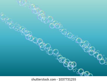 Cleaning foam on gradient background. Realistic water bubbles 3d. Cool rainbow colored liquid foam with shampoo bubbles. Horizontal cosmetic flyer and invite. Cleaning soap foam for bath and shower.