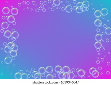 Cleaning foam on gradient background. Realistic water bubbles 3d. Cool rainbow colored liquid foam with shampoo bubbles. Horizontal cosmetic flyer and invite. Cleaning soap foam for bath and shower.