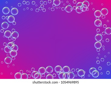 Cleaning foam on gradient background. Realistic water bubbles 3d. Cool rainbow colored liquid foam with shampoo bubbles. Horizontal cosmetic flyer and invite. Cleaning soap foam for bath and shower.