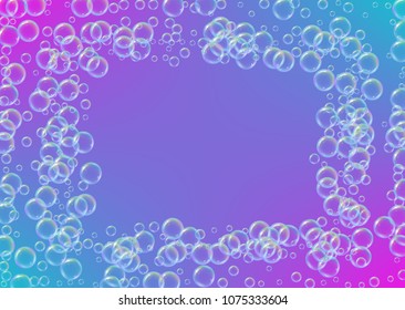 Cleaning foam on gradient background. Realistic water bubbles 3d. Cool rainbow colored liquid foam with shampoo bubbles. Horizontal cosmetic flyer and invite. Cleaning soap foam for bath and shower.